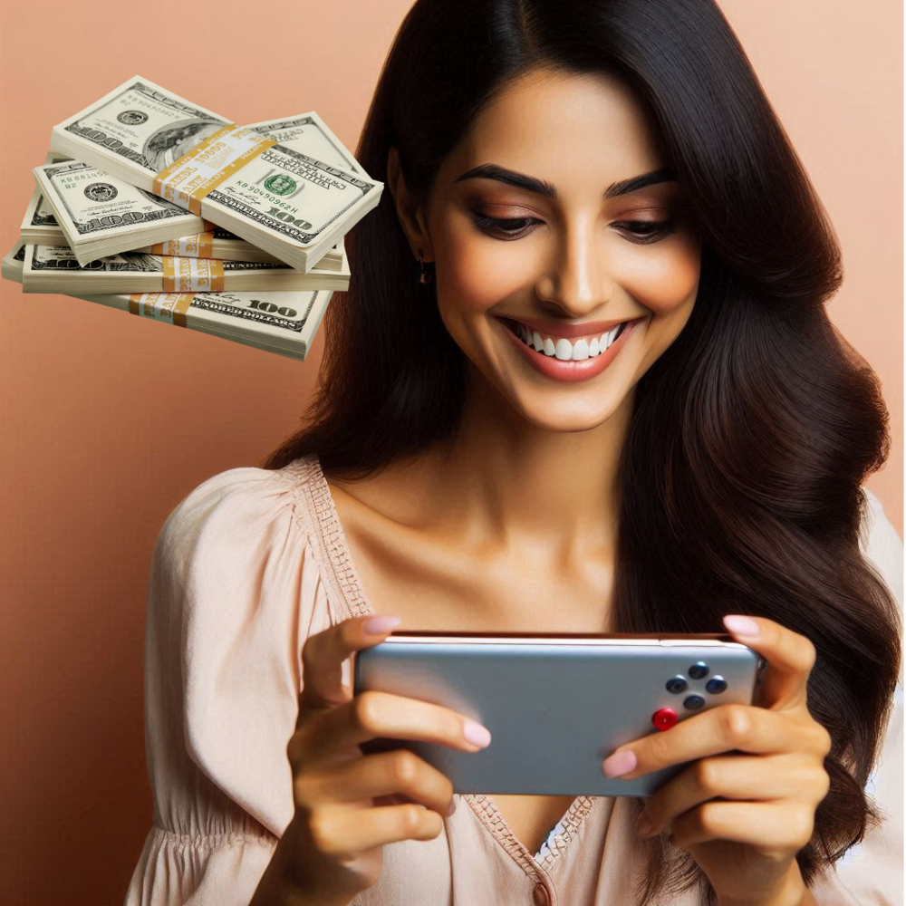 Lady playing mobile games for money