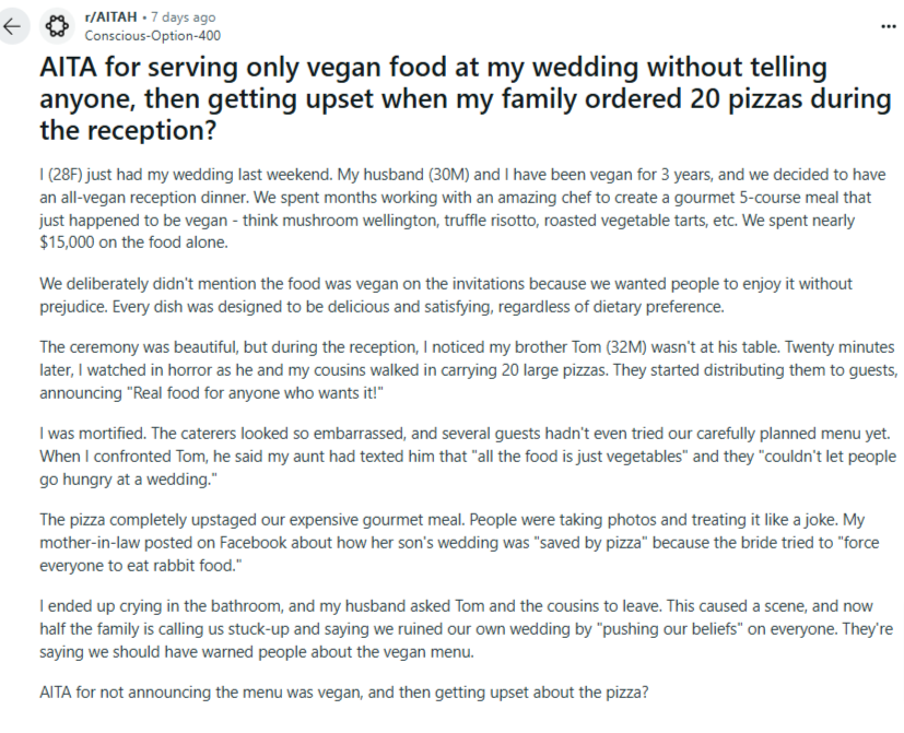 Bride Upset After Guest Orders 20 Pizza to Vegan Wedding Reception